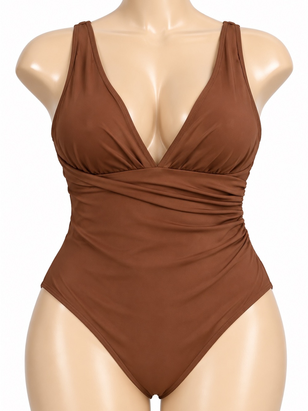 Cacique Brown V-Neck Ruched One-Piece Swimsuit 2X